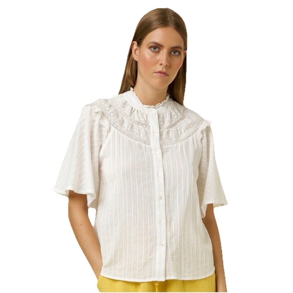 NEW FRNCH Aude Lace Shirt Women White Short Sleeve Chemise Blanc Office S Small